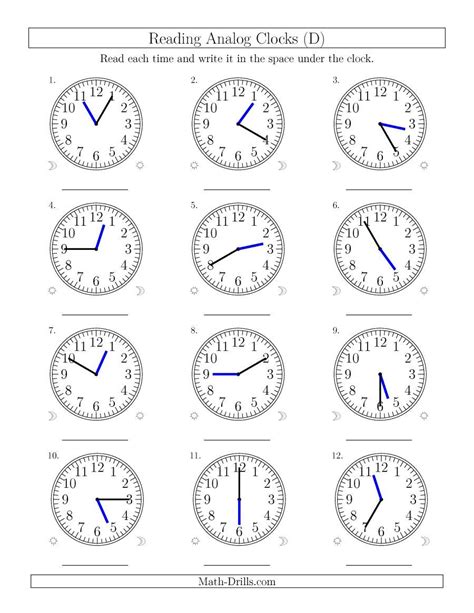 Reading 12 Hour Time On Analog Clocks In 5 Minute Intervals 12 Clocks A