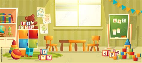 Vector cartoon illustration of empty kindergarten room with furniture ...