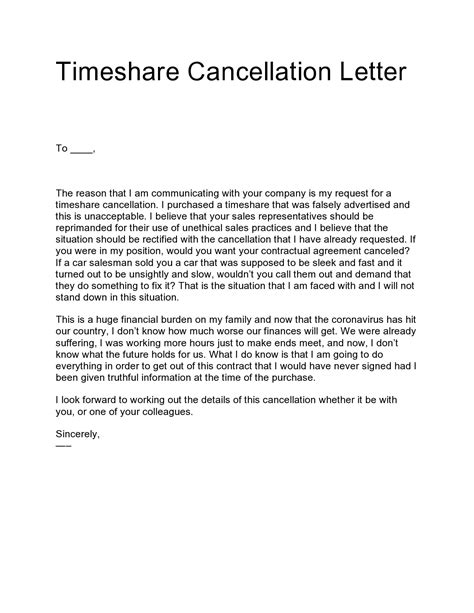 Sample Timeshare Cancellation Letter Template