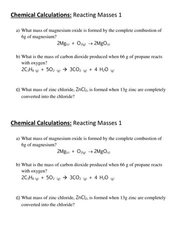 Chemical Calculations Reacting Masses 1 Free Sample Teaching Resources