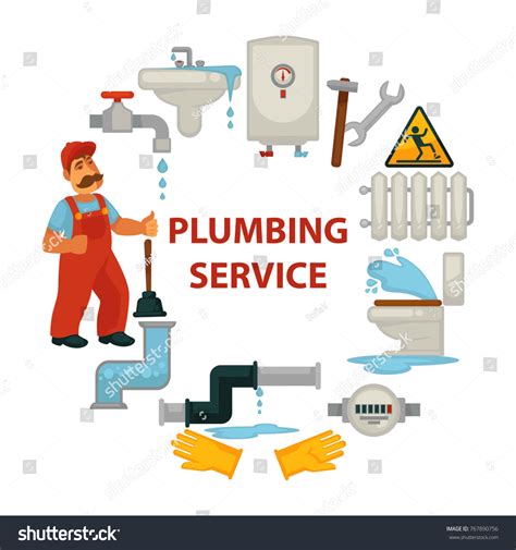 Plumbing Service Promotional Poster Worker Broken Stock Vector (Royalty
