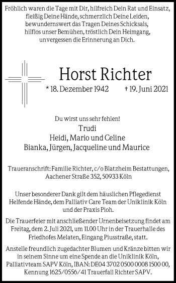 Traueranzeigen Von Horst Richter Wirtrauern