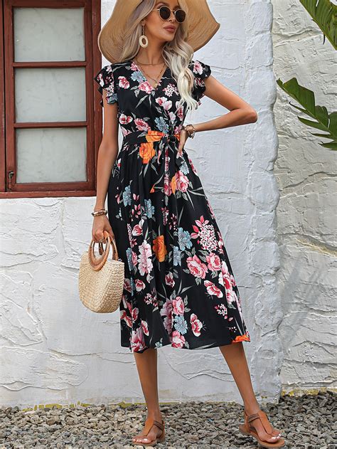 SHEIN VCAY Floral Print Butterfly Sleeve Belted Dress SHEIN UK