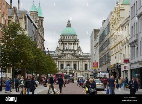 A main shopping street looking towards City Hall in Belfast city Stock ...