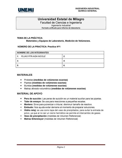 Formato Para Informe De Laboratorio 1 Quimica General Universidad