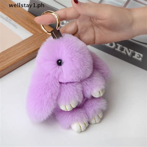 [wellstay1] Keychain Ring Fluffy Real Pompon Bunny Trinket Charm Cute