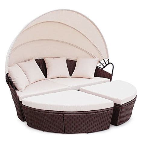 LI Il Polyrattan Sunbed Lounge Rund Mit Kissen Und Dach