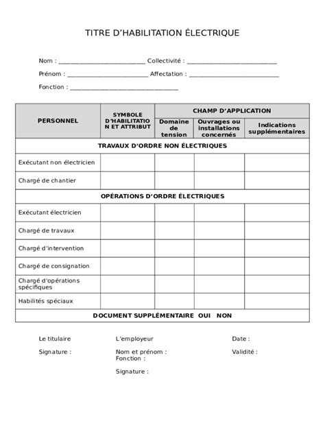 Modle De Titre D Habilitation Lectrique Doc Template Pdffiller