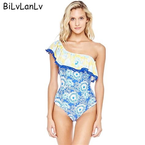 Blvlanlv Off Shoulder Print Swimwear Sexy Single Shoulder One Piece