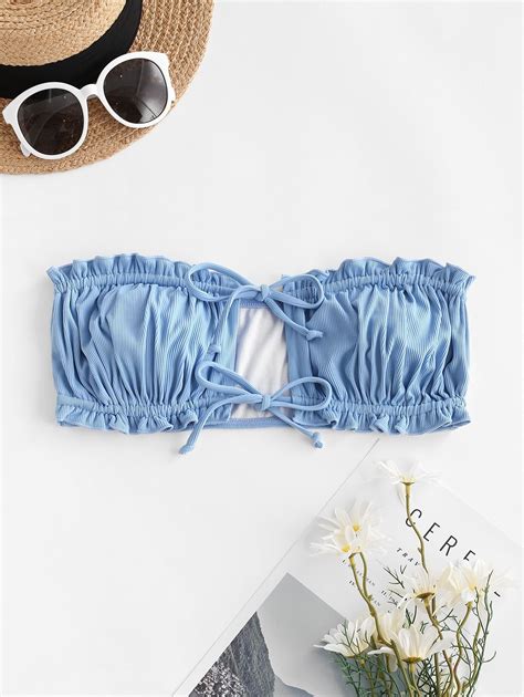 Zaful Tie Front Ribbed Side Boning Bandeau Bikini Top Light Sky Blue