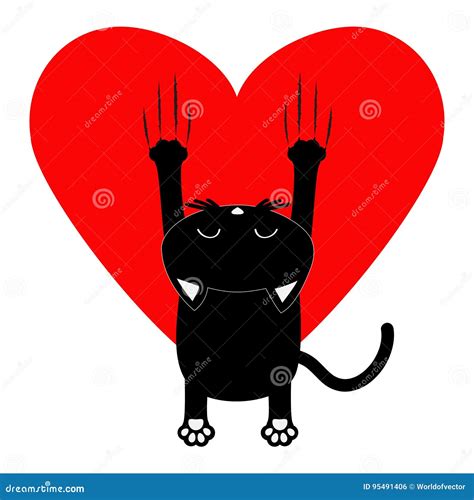 Red Heart Cartoon Black Cat Back View Red Bloody Claws Animal