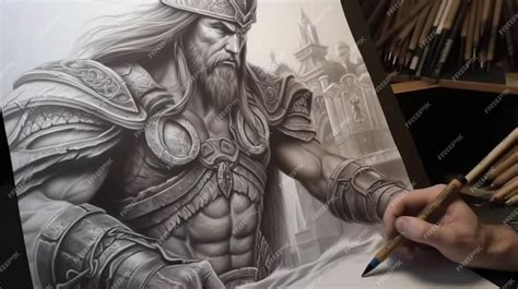 Premium Photo | A drawing of a warrior with a pencil.