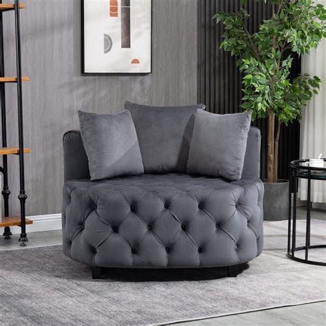 Modern Velvet Barrel Chair, Comfy Armchair with 3 Pillows for Living Room, Bedroom, Office, Gray ...