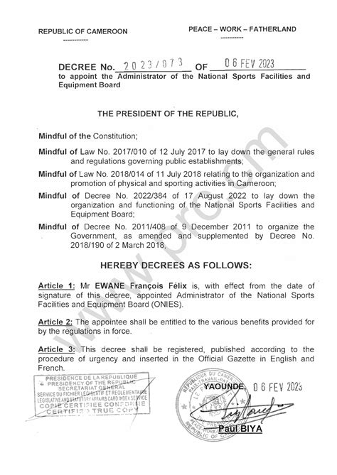 Decree No. 2023/073 of 06 February 2023 to appoint the Administrator of