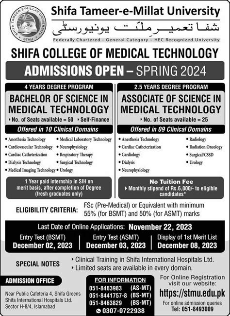 Shifa Tameer E Millat University Islamabad Admissions