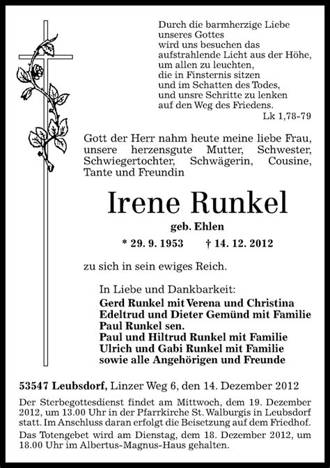 Traueranzeigen Von Irene Runkel Rz Trauer De