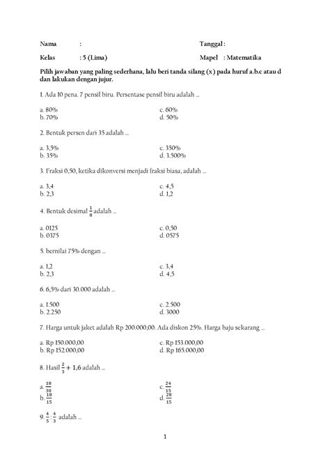 Kelas 5 Semester 1 Matematika 1 Nama Tanggal Kelas 5 Lima Mapel Matematika Pilih