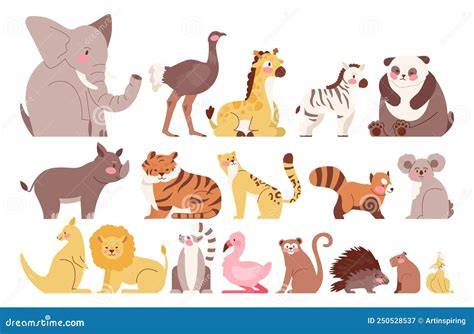 Cute Animal Set. Wild Cats, Elephant, Monkey and Lemur Stock Vector
