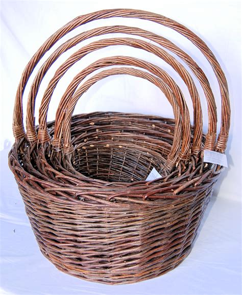 Jumbo Oval Unpeeled Thick Willow Handle Baskets Set Of 5 Asia