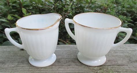 Milk Glass Creamer And Sugar Set Vintage White With Gold Rim