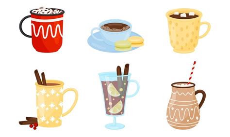 Premium Vector Hot Winter Drinks With Whipped Cream And Marshmallows Vector Set