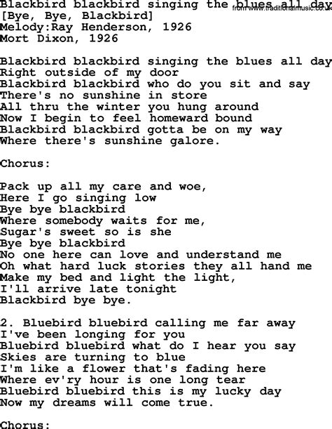 Old American Song - Lyrics for: Blackbird Blackbird Singing The Blues All Day, with PDF