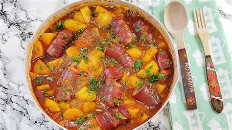 Tocana De Cartofi Cu Carnati De Porc Potato Stew With Pork Sausages