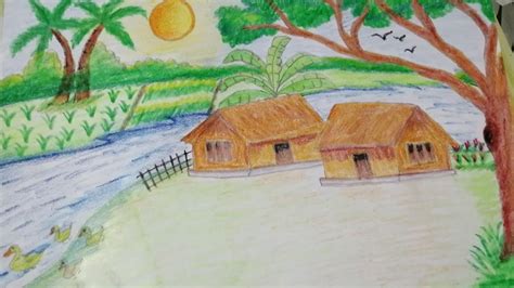 How To Draw Landscape Scenery Of Beautiful Nature Easy Village