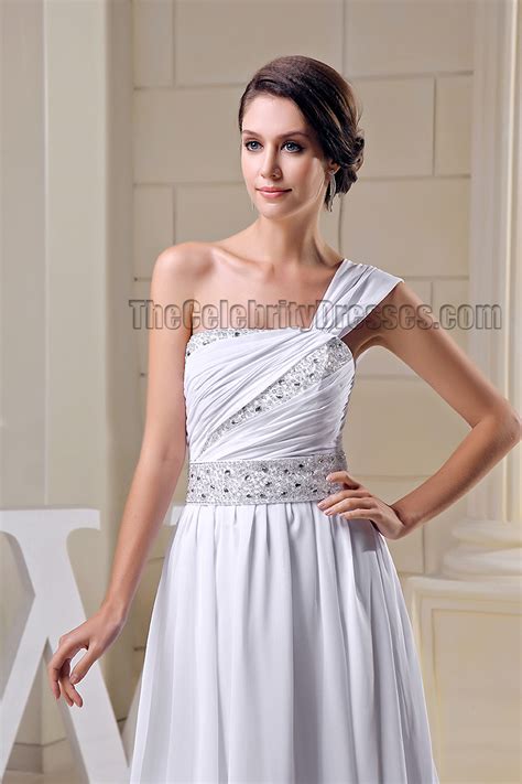 A Line White One Shoulder Beaded Prom Gown Evening Dresses