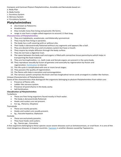 Compare And Contrast Phylum Platyhelminthes