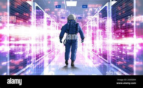 High Tech Server Room Astronaut S Cosmic Walk Stock Video Footage Alamy