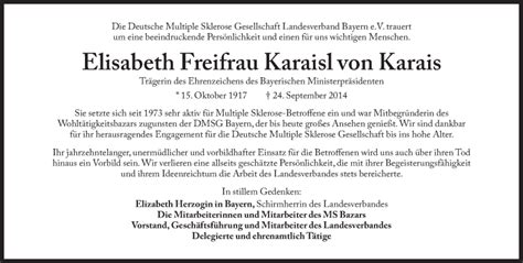 Traueranzeigen Von Elisabeth Freifrau Karaisl Von Karais Sz Gedenken De