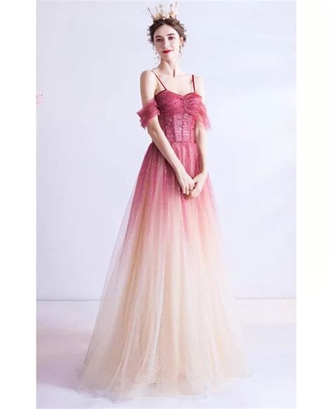 Tulle Ombre Red With Champagne Aline Long Prom Dress With Straps