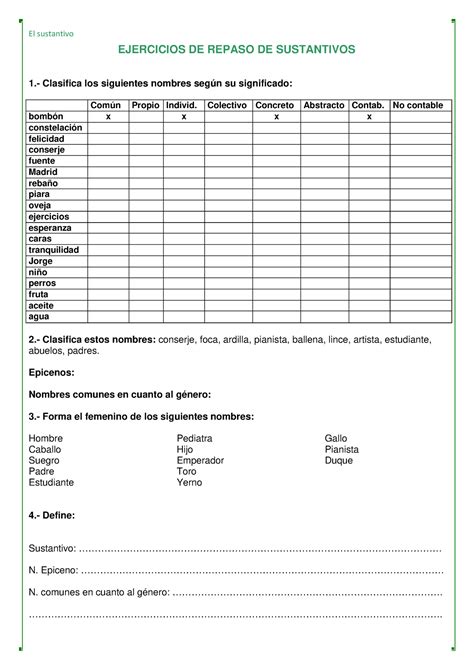 Sustantivo Ejercicios EJERCICIOS DE REPASO DE SUSTANTIVOS 1