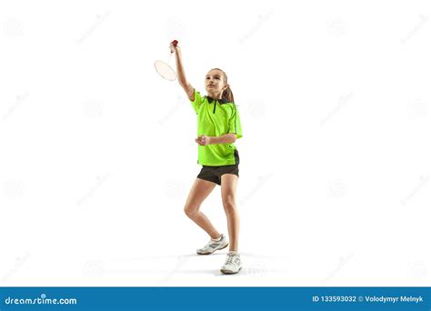 One Caucasian Young Teenager Girl Woman Playing Badminton Player