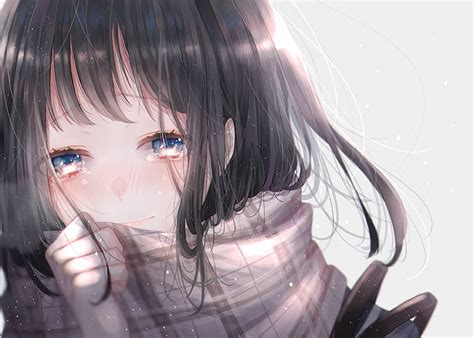 Hd Wallpaper Anime Original Blue Eyes Brown Hair Scarf Short Hair