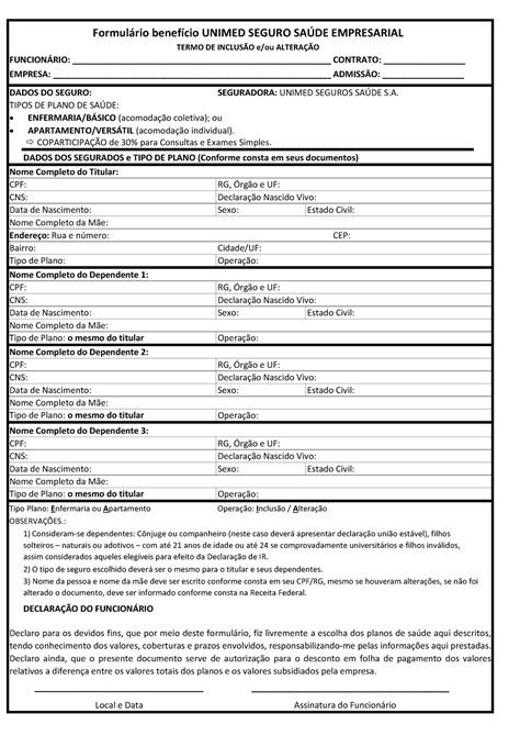 Formulario Unimed Seguro Saude Inclusao e alteracao FUNCIONÁRIO