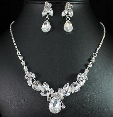 FLORAL CLEAR AUSTRIAN RHINESTONE CRYSTAL NECKLACE EARRINGS SET BRIDAL