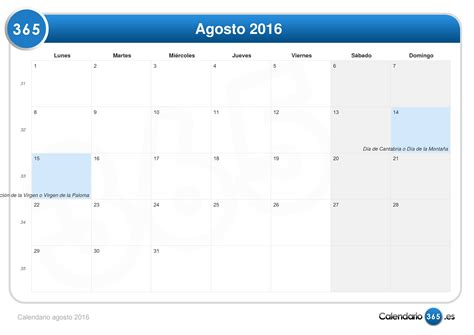 Calendario agosto 2016