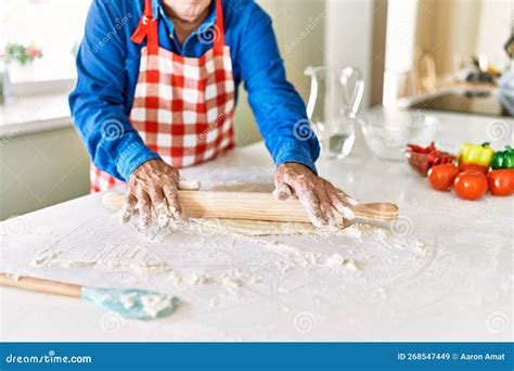 Senior Man Keading Pizza Dough At Kitchen Stock Image Image Of