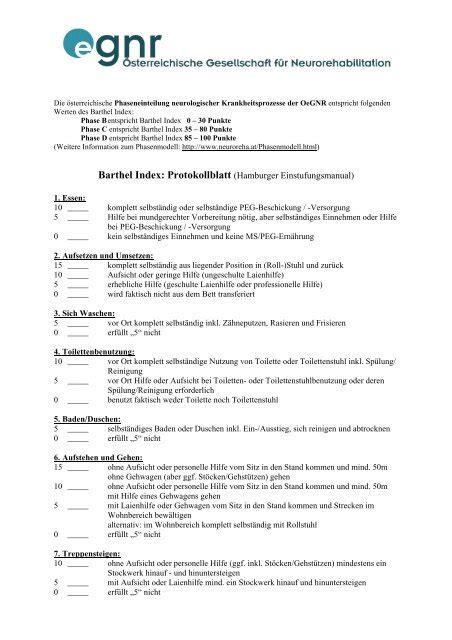 Barthel Index Vorlage