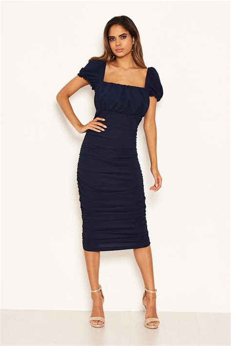 Navy Puff Sleeve Ruched Bodycon Midi Dress Ax Paris