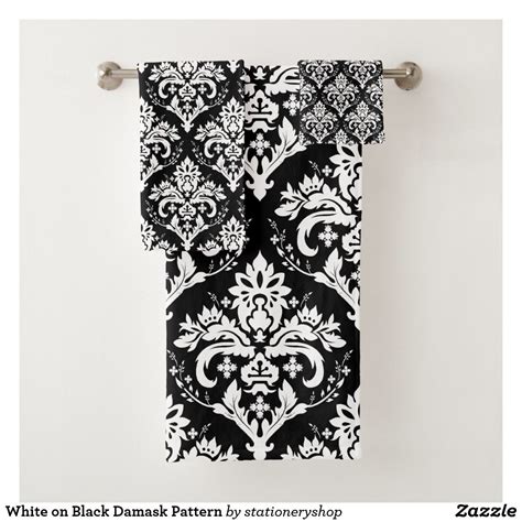 White On Black Damask Pattern Bath Towel Set Damask