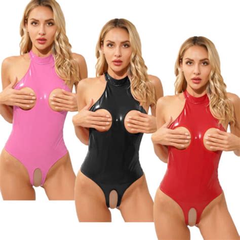 Women S Wet Look Leather Lingerie Bodycon Catsuit Halter Bodysuit Thong Leotard Ebay