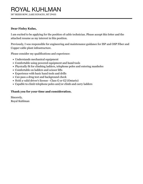 Cable Technician Cover Letter | Velvet Jobs