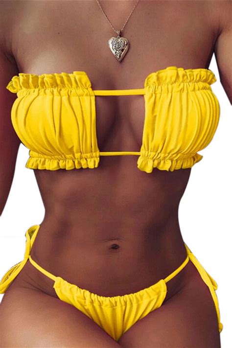 Costum De Baie Bikini Si Sutien Bandou Brazilian Straps Fashion Galben