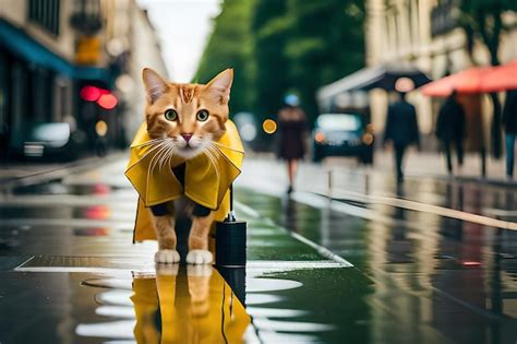 Un Gato Con Un Abrigo Amarillo Camina Por Una Calle Mojada Foto Premium