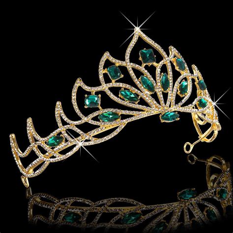 Bride Gold Green Rhinestone Crystal Tiara Crown Princess Queen Wedding