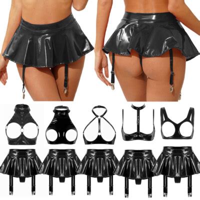 Womens Leather Lingerie Set Open Cup Bra Top With Built In Thongs Gartbelt Skirt Ebay