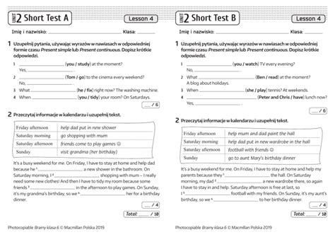 Brainy Kl6 Short Tests Unit 2 Lesson 4